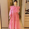 Lente vrouwen jurk prinses stijl Peter pan kraag lange mouw ruches lantaarn katoenen jurken modieuze kleding 210623
