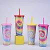 24 oz Tie-Dye Tumbler med lock och återanvändbar halm Färgglada Dubbelmur Isolerad Rese Mugg Cup