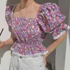 T-shirt Femmes Collier carré Floral Plissé Couture de la dentelle Trompette Sweet Girl Casual Vêtements Chemiser 16F106614 210510