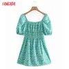 Tangada Summer Women Green Floral Print French Style Dress Puff Short Sleeve Ladies Mini Dress Vestidos XN340 210609