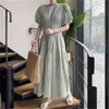 Été coréen élégant dentelle longue robe maxi femmes lanterne manches o-cou taille haute robes plissées fête mode robes 210513