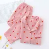 Весенние дамы Pajamas Set Сердце напечатанные Crepe Хлопок Двухслойный марлевой поворотный воротник Двухслойные брюки Друдкие 211212