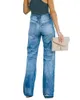 Kvinnor Casual Distressed Flare Jeans High Waist Ripped Hole Denim Byxor