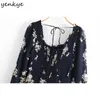 Vintage Floral Print Dress Women Sexy Backless Square Neck Long Sleeve A-line Slim Short Dress Elegant Female Summer Robe 210515