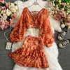 Summer High Waist Deep V-neck Lantern Sleeve Short Chiffon shirt Vintage Two-piece Female Floral print Dress sets two piece 210514