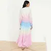 Sommar Kvinnors Klänning Bohemian Utskrift Gradient Elegant Maxi Patchwork Rainbow Color Beach Dress Ruffles Sweet Vestidos 210712