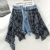 S-5XL Korean fashion design sense color matching lattice stitching high waist fake two pieces wide leg denim skirt shorts 210719