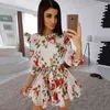 Moda plissada guarnição de faixas de verão mulheres vestido de verão 3/4 mangas redonda Pescoço Ponto impressão vestido casual meninas doces cute uma linha mini vestidos 210323