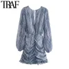TRAF Women Chic Fashion Animal Print Asymmetric Draped Mini Dress Vintage Long Sleeve Ruffled Female Dresses Mujer 210730