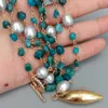 YYGEM Olive Brushed Gold color Pendant natural Apatite Cultured Gray Rice freshwater Pearl Wrap Necklace 24"