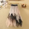 Tigena lång tutu tulle kjol kvinnor mode sommar koreansk oregelbunden kontrast färg hög midja pläterad maxi kvinnlig 210621