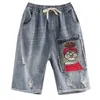 Frauen Sommer Denim Shorts Elastische Kordelzug Stickerei Cartoon Patchwork Vintage Ripped Loch Casual Streetwear Für Büro Dame 210714