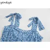 Blå blommigtryck Chiffong klänning Kvinnor Sexig Ärmlös A-Line Summer Long Kvinna Prairie Chic Robe 210430