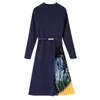 Hoge kraag gebreide patchwork trui jurk vrouwen herfst winter vintage a-lijn gebreide jurk elegante sjerpen feestjurken 210521