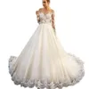 Romantyczna linia Suknie ślubne Suknie ślubne z długim rękawami Sheer Neck Lace Aplikacje Light Champagne Tulle Bride Dress Dress Illusion Back Buttons 2022 Wiosna