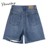 Yitimuceng kvinna denim shorts hål tofs lose casual jean rippad hög midja sommar solid blå mode streetwear 210601