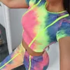 Zhangyunuo yoga set fluorescerande kort ärm topp byxor gym 2 styck träning aktiv mångfärgad kostym kvinnor sexig fitnclothing x0629