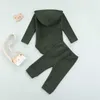 Newborn Baby Boys Clothes Sets Spring Autumn Solid Color Waffle Long Sleeve Hooded Romper and Tie-up Trousers Outfits G1023