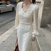 LY VAREY LIN Spring Autumn Women Elegant Square Collar Single Breasted Dress Long Sleeve High Waist Beige Lace Midi 210526