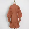 女性のためのエレガントなレースアップシャツのドレス襟のランタン長袖ハイウエストプリントドレス女性ファッション210520