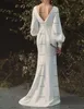 Modest Crepe Bohemian Wedding Dresses 2022 Long Sleeve V-neck Matte Stain Mermaid Country Beach Bridal Reception Party Dress Robes