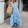 Zomer vrouwen jurk VONDA korte mouw polka dot print jurken vintage onregelmatige zoom partij gegolfd lange robe bohemian vestidos y1204