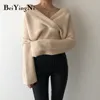 Jesień Zima Kobiety Sweter V-Neck Casual Vintage Cropped Tops Sweter Kobiet Czarny Koreański Jumper Mujer Knitwear 210506