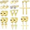 Stud 10 Pairs Of Stainless Steel Earrings Set Men And Women Cross Triangle Pendant Hinged Ring Round Punk Gold