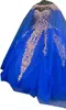 2022 Trendy Royal Blue Gold Embroidery Quinceanera Dresses Ball Gown with Cape Robe Pärled Crystal Tulle Princess Sweet 15 Charra 3309