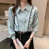 Korea kvinna skjortor chiffong långärmad tröja polo-neck blus spliced ​​damer toppar vit kontor dam kvinna 210427