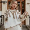 APROMS Koreaanse Mode Khaki Strepen Print Losse Truien Dames Winter Hip-Pop Extra grote Pullovers Streetwear Bovenkleding 210714