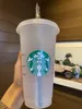 Mermaid Goddess Starbucks 24oz/710ml Kubki Plastikowe Kubki Wielokrotnego Użytku Wyczyść Picie Płaskim Dnem Kształt Filaru Pokrywką Kubki Słomkowe kubek