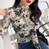 Long Sleeve Blouse Shirts Women Transparent Office Lady Sexy Top Blouses Turtleneck Embroidery Floral Female Shirt Tops13026 210512
