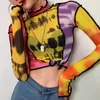 Moda Mesh Renkli Baskı Fırfır Tops Bayan Temel T-Shirtsautumn Ince Ince Sokak Rahat Tee Gömlek Mujer 210518