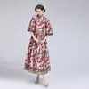 Robes de défilé pour femmes col rond demi-manches imprimé fleuri froncé élégant robe mi-longue Vestidos