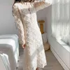 Button High Waist Long Dress Sweet Vintage lace dress for Women V-neck A-Line Solid Sleeve Spring Dresses 12909 210506