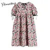 Yitimuceng Floral Print Sukienki Kobiety Summer Book Lace Up High Waist Rękaw Puff Rękawem A-Line O-Neck Koreański Moda Modna Sukienka 210601