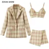 Style Boyfriend Un Bouton Mi Long Check Plaid Femmes Blazer Taille Haute Short Pantalon Court Manches Costumes 3 Pièces Ensemble 210429