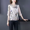 韓国のブラウス女性サテンエレガントなプリントブラウス女性v ncekシルクメッシュシャツトッププラスサイズ210323