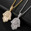 DZ Bling glacé CZ Hamsa main Baguette pendentifs colliers pour hommes rappeur bijoux avec pendentifs à breloque arrière solide X0509