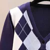 Herbst Langarm Vintage Argyle Pullover V-ausschnitt Kurze Plaid Frau Winter Strickjacke Tops 11718 210512