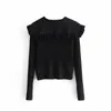 Primavera elegante lapela splice ruffles knitting Único breasted cardigan suéter mulher manga longa jumper malhas black 210429