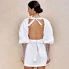 OCSTRADEホワイトボディードレス女性ロングスリーブボディーコンドレス新しいファッション2021夏のセクシーなディープVネックバックレスクラブパーティードレス210322