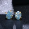 Irregular Natural Aquamarine March Birthstone Prong Set Stud Earrings For Women and Girls Gold Plated Genuine Raw Rough Blue Quartz Crystal Gemstone Studs Earring