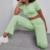 Pantalon deux pièces pour femmes, manches courtes, Style loisirs, Polyester, fil de couleur unie, ensemble pull confortable, été, 2021