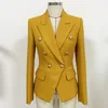 Blazer à double boutonnage pour femmes de style classique de qualité supérieure Design original Veste Slim Boucles en métal Blazers Tan Manteau de fil mélangé de chanvre et de coton