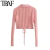 TRAF Women Fashion With Tied Wrap Cropped Knitted Cardigan Sweater Vintage Long Sleeve Female Outerwear Chic Tops 211011