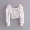 Women White Embroidery Flower Wood ears Square Collar Long Puff Sleeve Shirt Retro Elastic Ruched Slim Short Blouse Sweet Tops 210429
