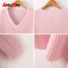 Gebreide V-hals Roze Trui Vrouwen Pullovers Vintage Winter Vrouw Breien Pullovers Herfst Basic S Vrouwelijke Trek 210428
