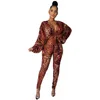 Felyn 2021 Arrival Jumpsuits Leopard V-neck Batwing Sleeve Office Lady Bodycon Rompers Women's